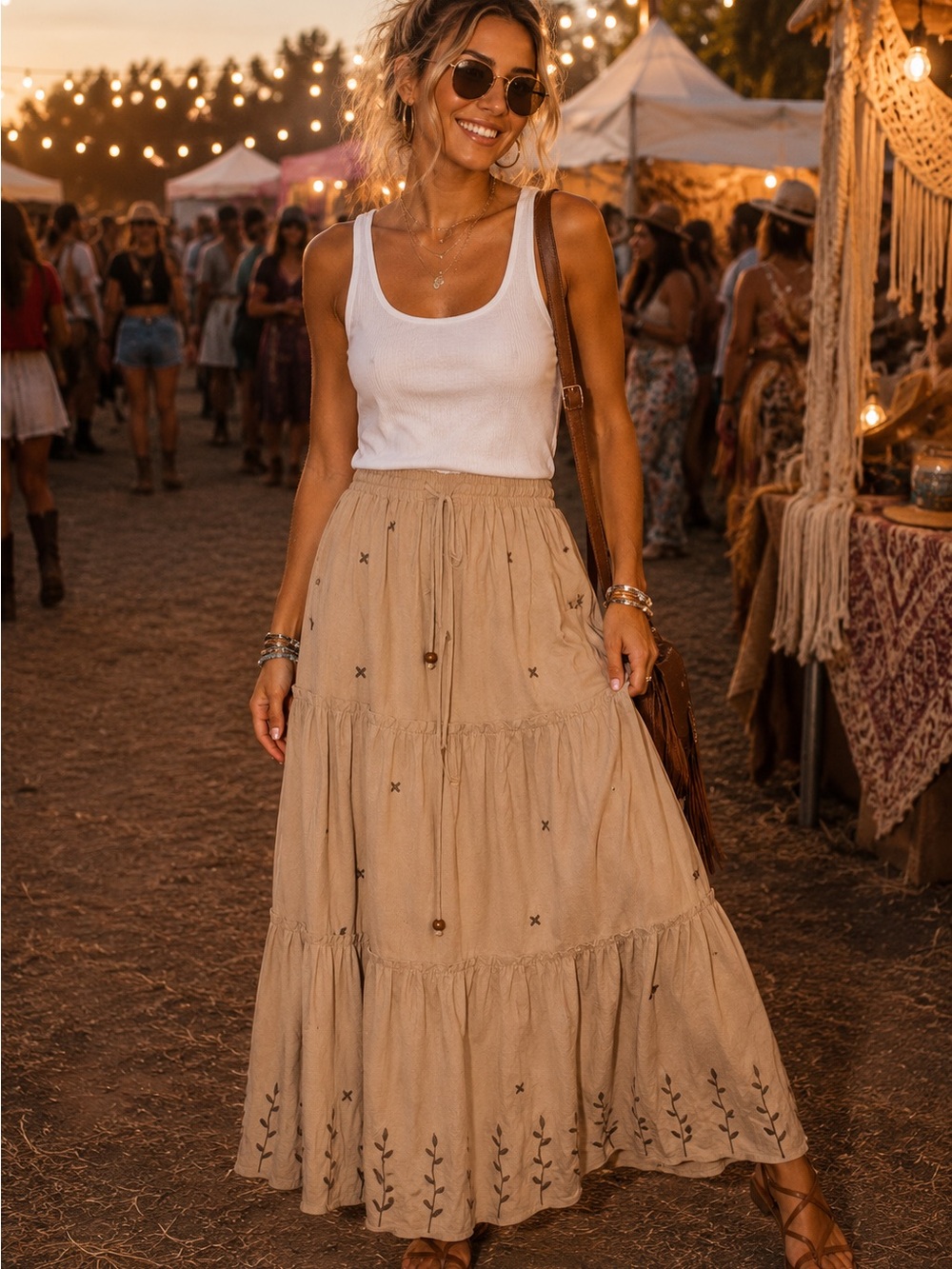 Miou Muse Boho Embroidered Tiered Maxi Skirt in Tan